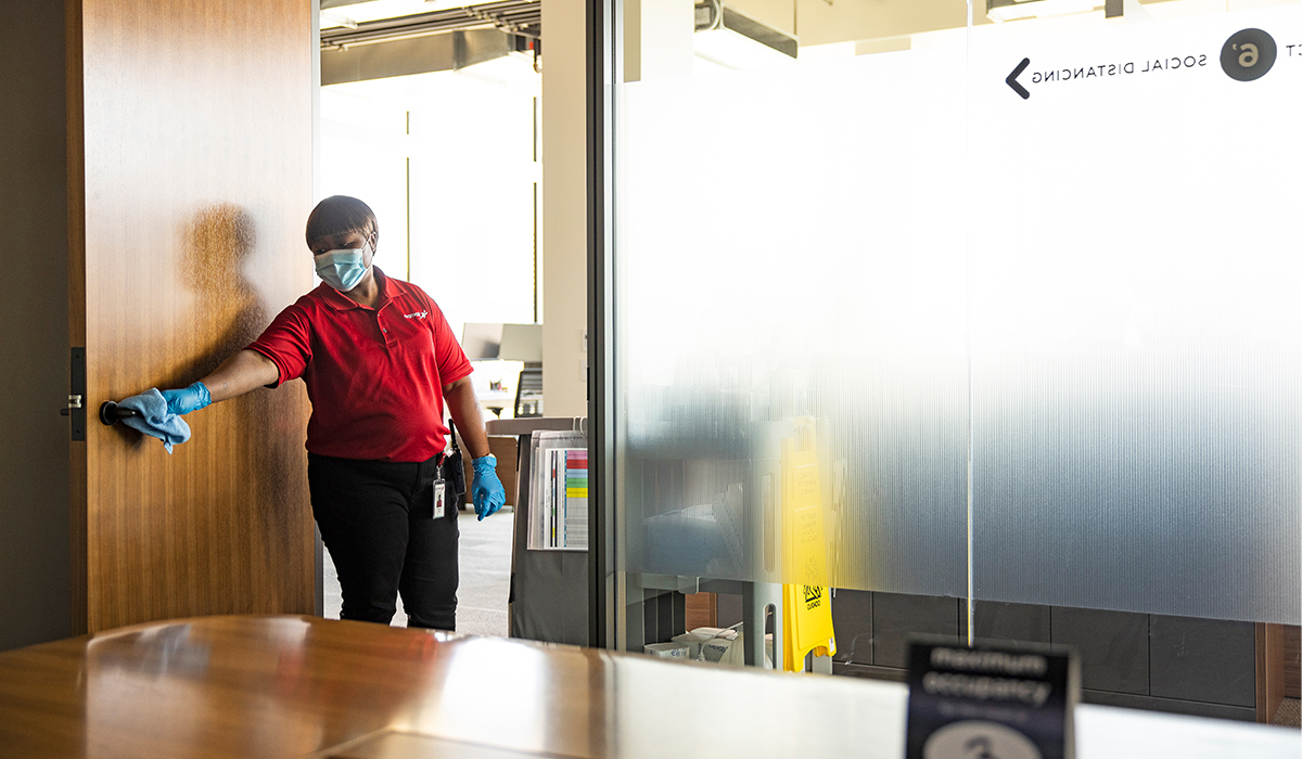 Aramark employee cleaning